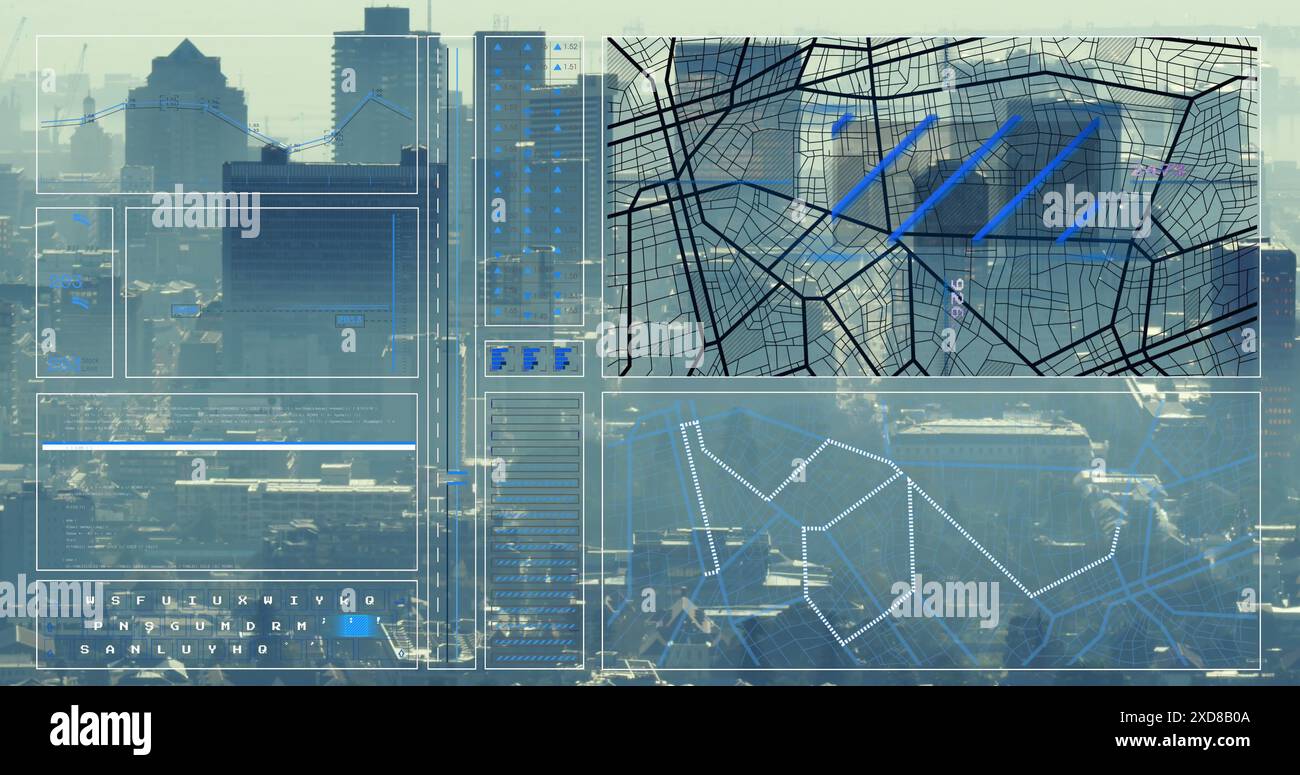 Image of data processing over cityscape Stock Photo