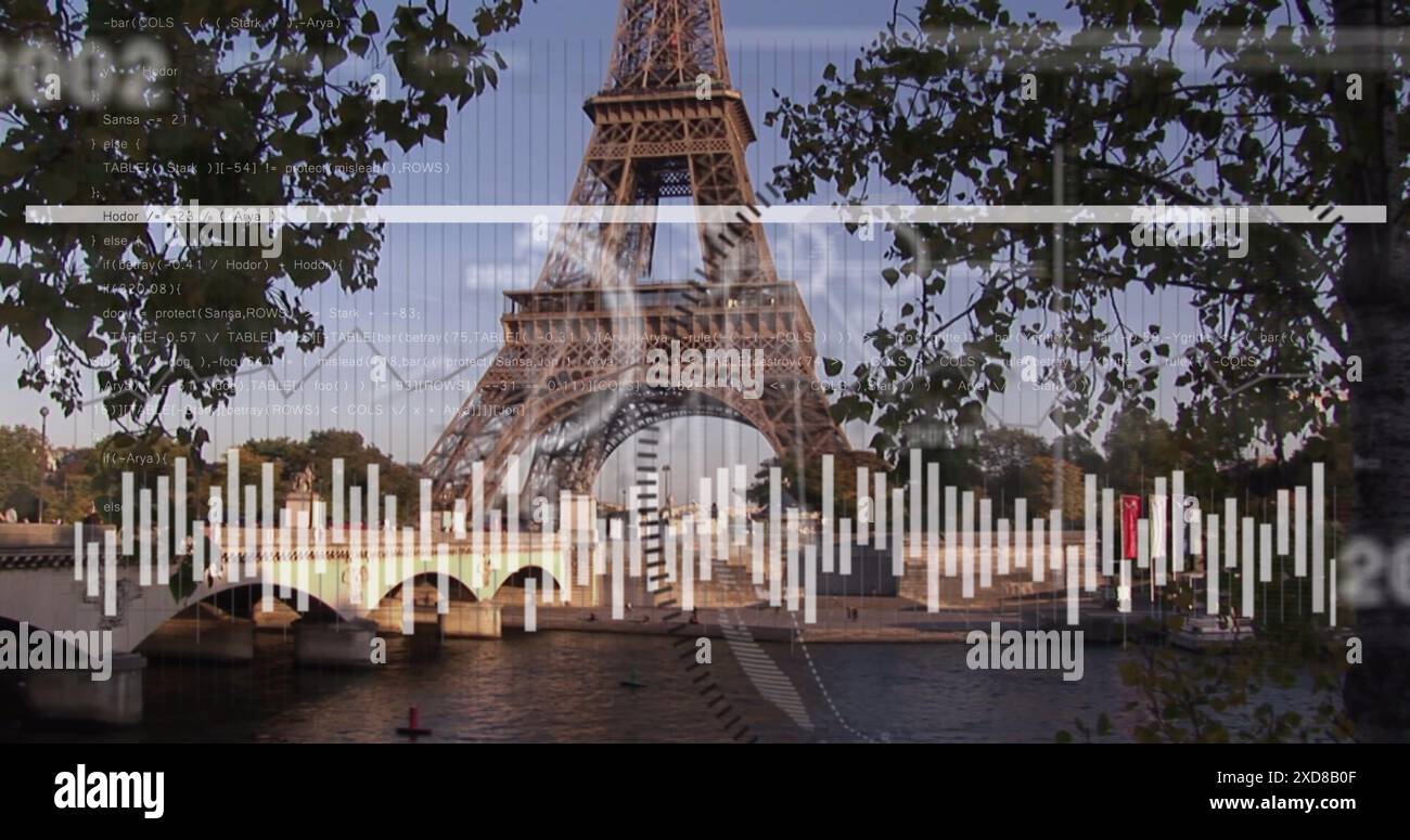 Image of statistical data processing against view of eiffel tower Stock Photo