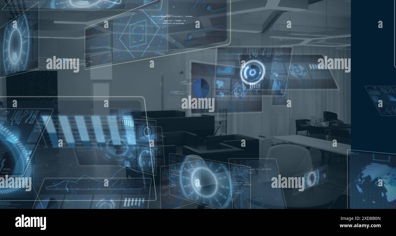 Image of multiple round scanners and data processing against empty office Stock Photo
