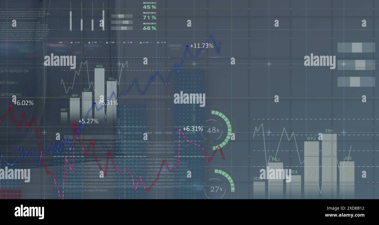Image of statistical data processing against grey background Stock Photo