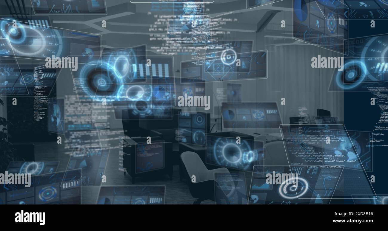Image of multiple round scanners and data processing against empty office Stock Photo