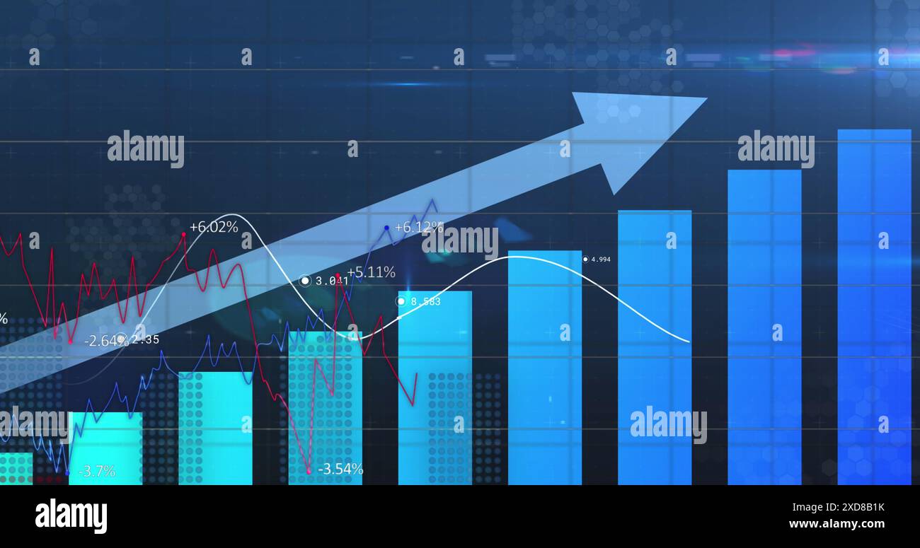 Image of statistical data processing against blue background Stock Photo