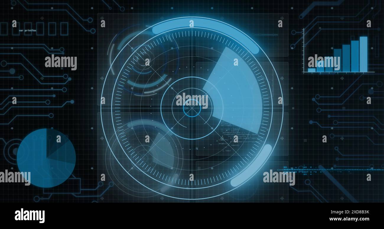 Image of round scanner scanning over interface with data processing against black background Stock Photo
