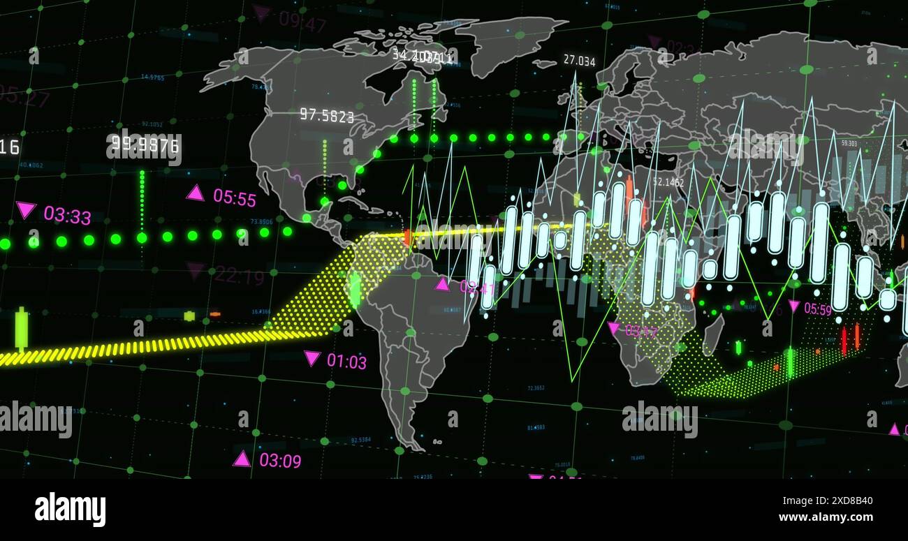 Image of financial data processing over world map Stock Photo
