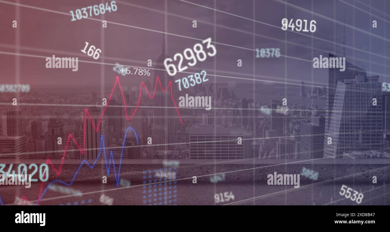 Image of numbers and data processing over cityscape Stock Photo
