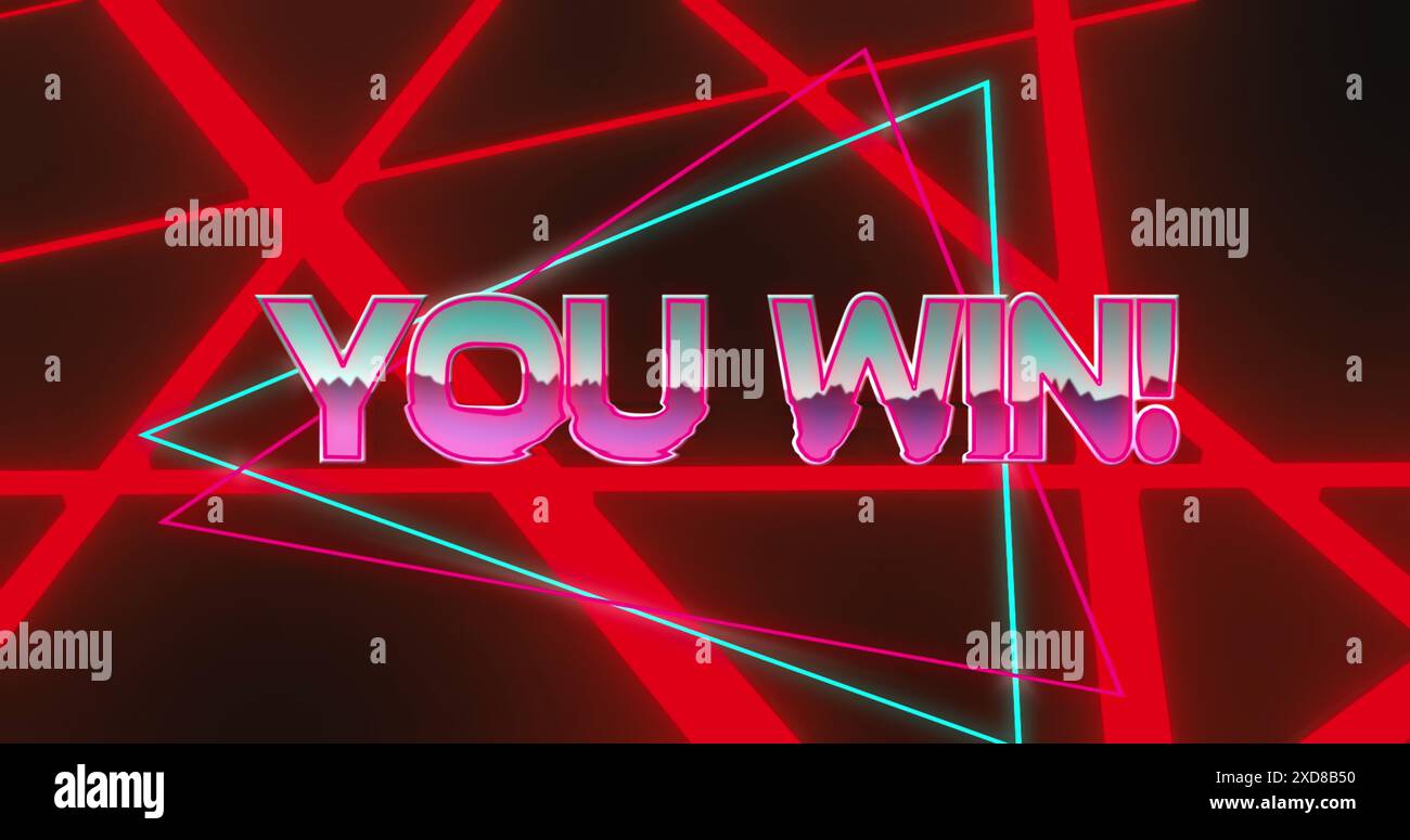 Image of you win text over neon pattern background Stock Photo