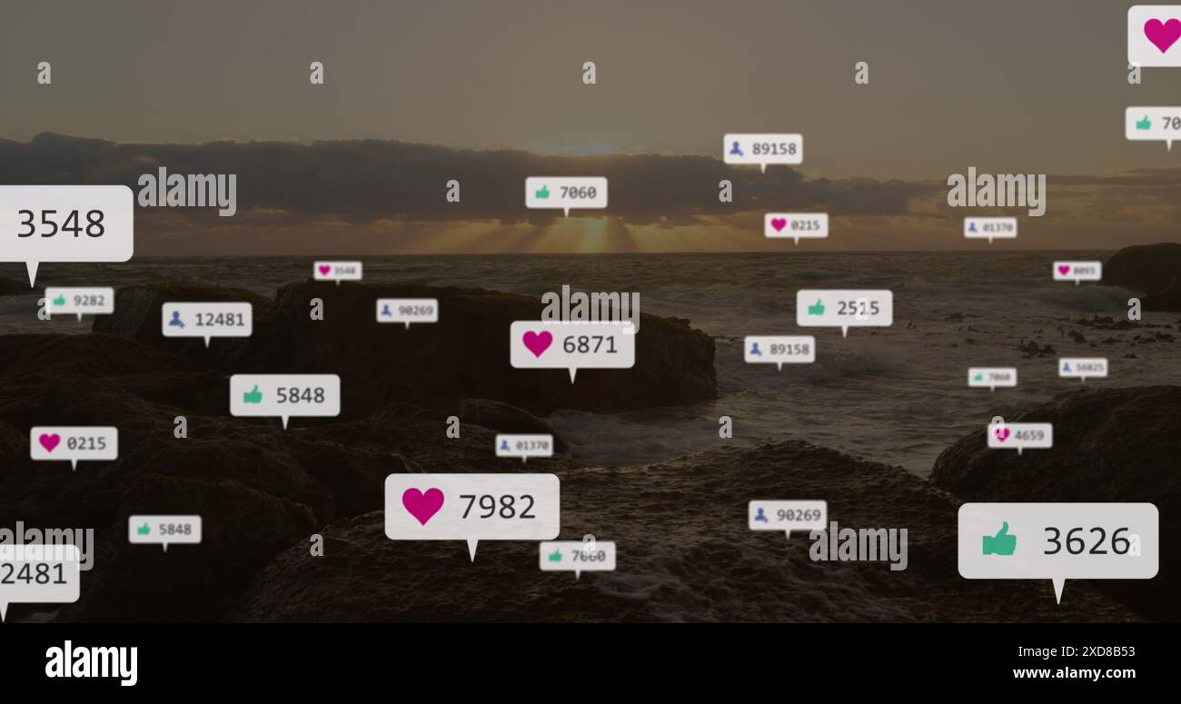 Image of social media data processing over landscape Stock Photo