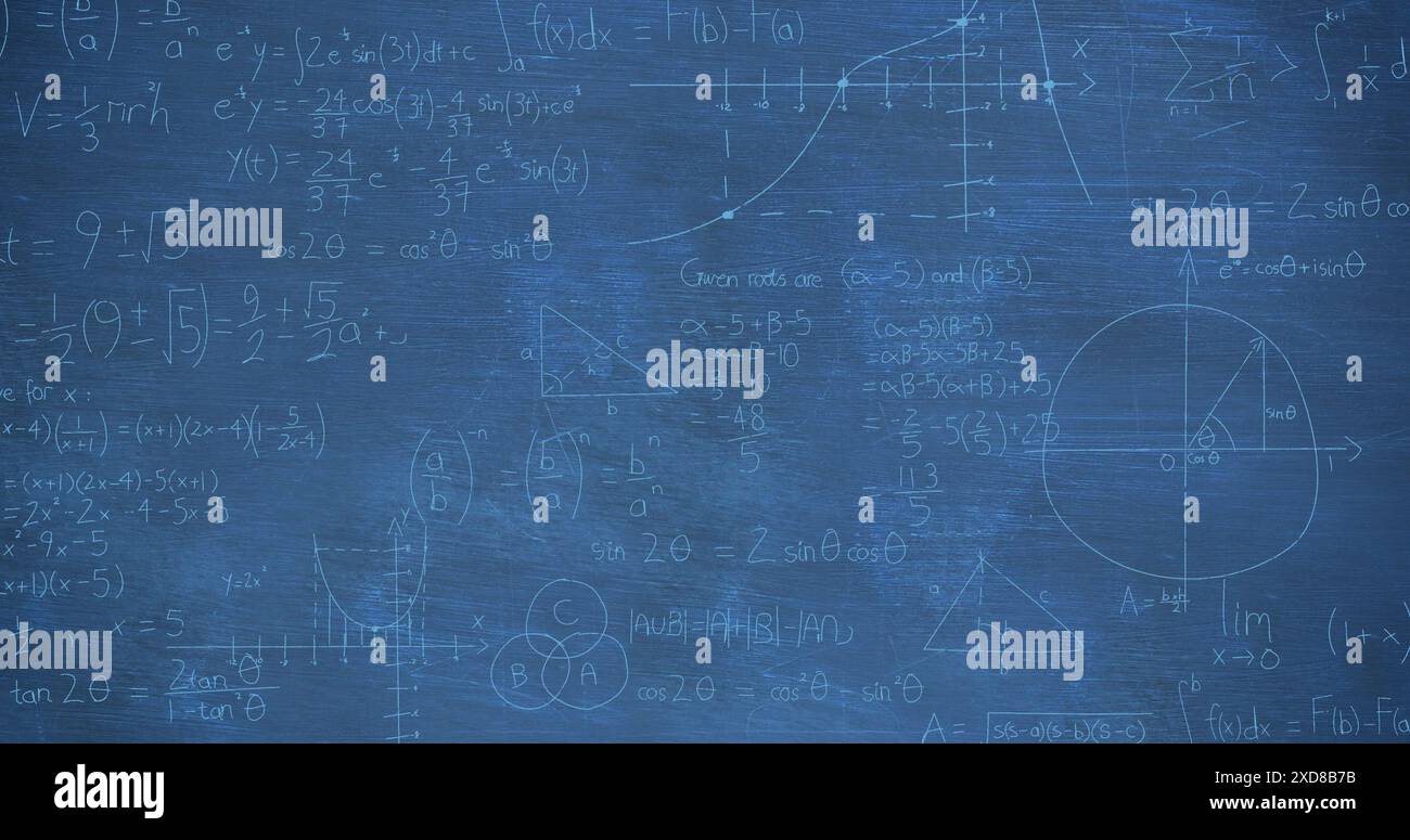 Image of mathematical data processing over blue background Stock Photo