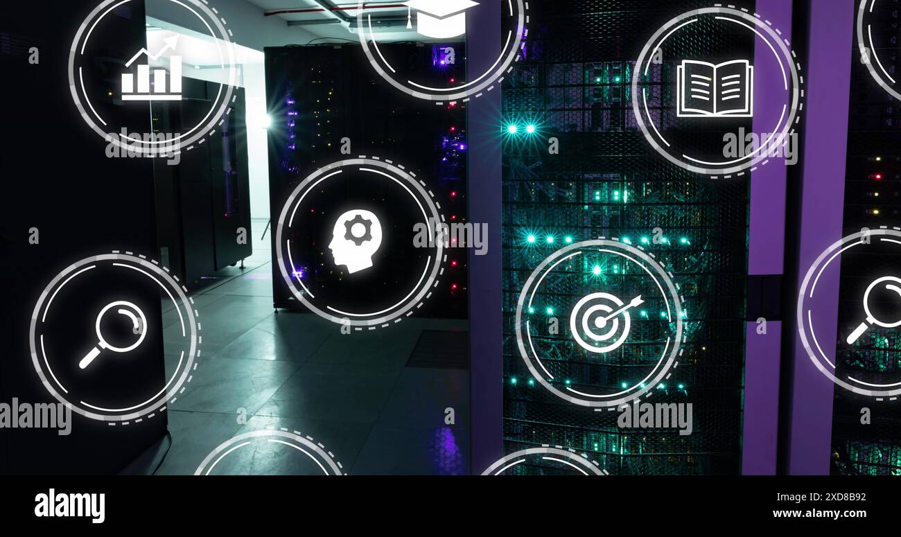 Image of icons and data processing over computer servers Stock Photo