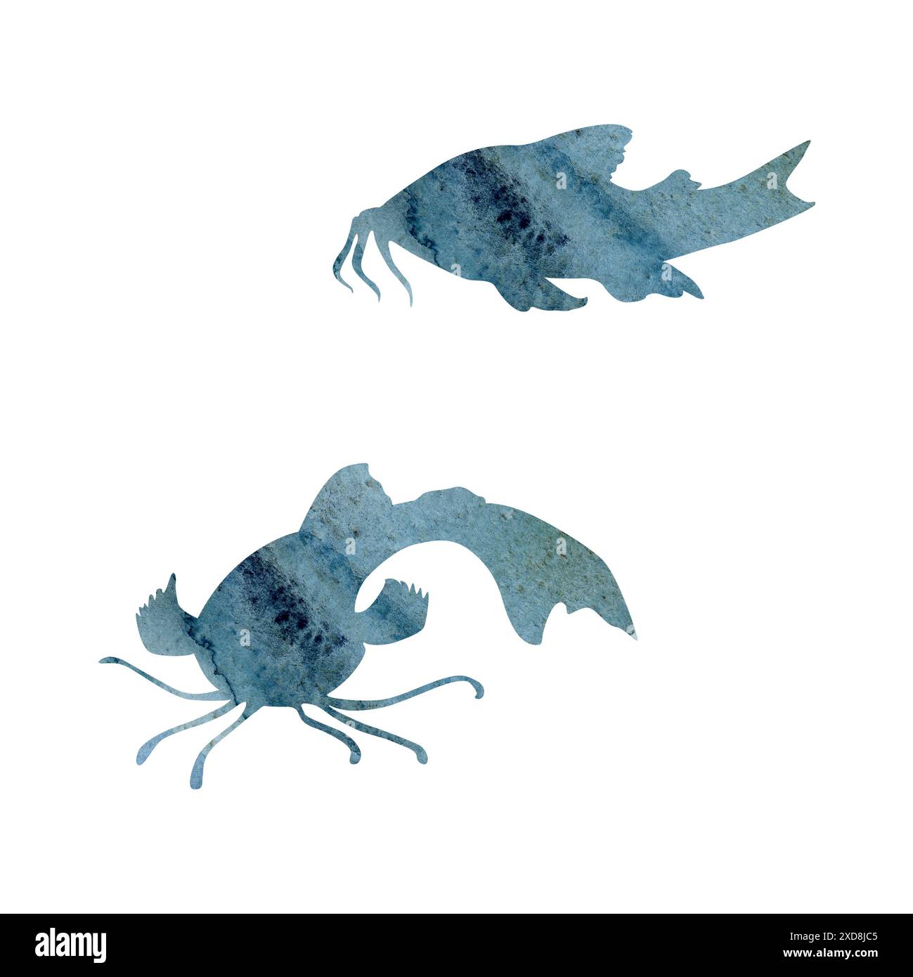 Watercolor and ink hand drawn marine life, sea ocean underwater creatures. fish, shells algae seaweed. Single object illustration, stylized, isolated Stock Photo