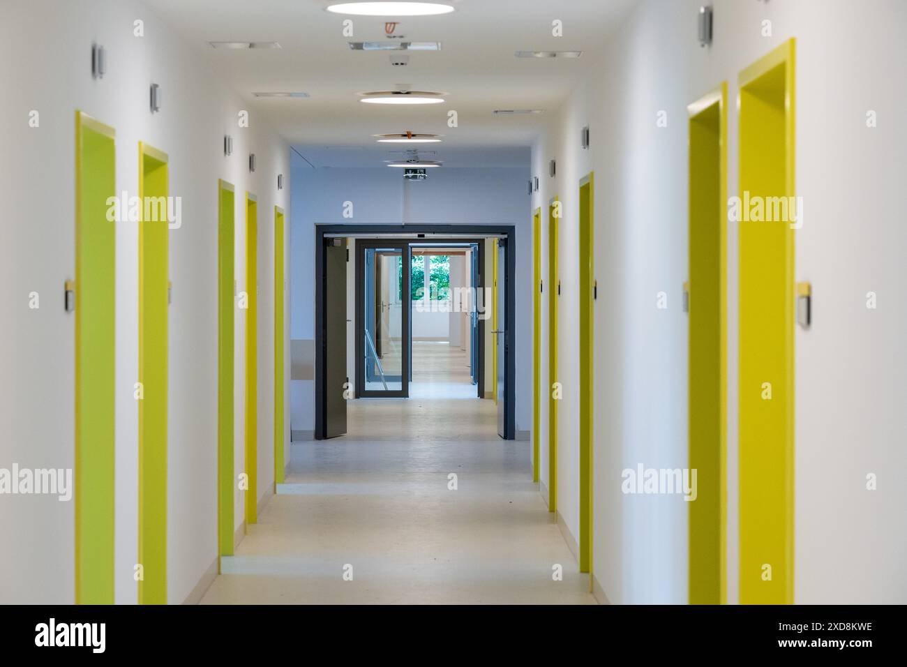 Berlin, Germany. 20th June, 2024. Color-coded door frames in a corridor of the Elisabeth Clinic for Mental Health in Childhood and Adolescence (SGJM), taken during the opening. Credit: Soeren Stache/dpa/Alamy Live News Stock Photo