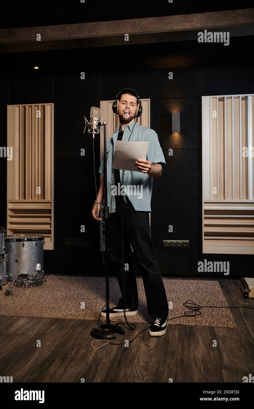 A man, part of a music band, stands confidently in front of a microphone in a recording studio, ready to showcase his talent. Stock Photo