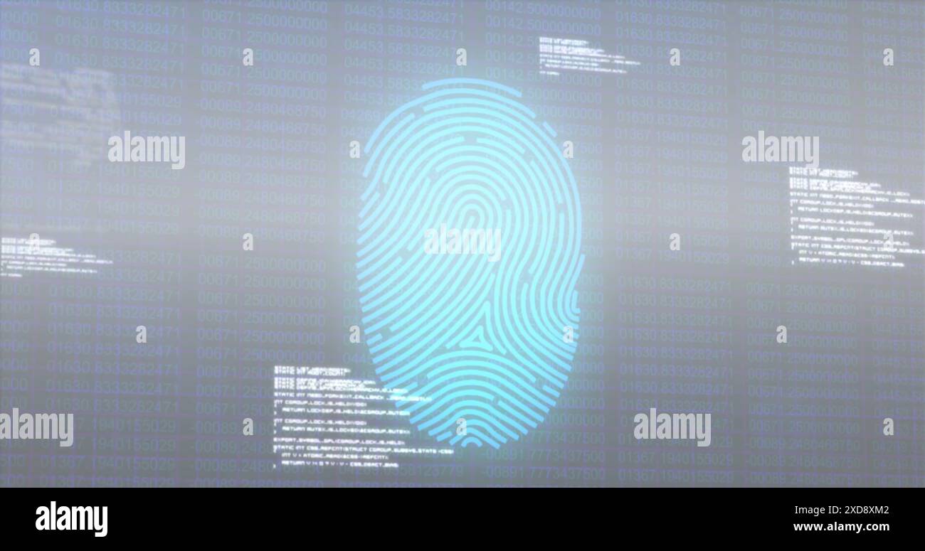 Image of fingerprint scanning and programming language moving over blurred binary codes Stock Photo