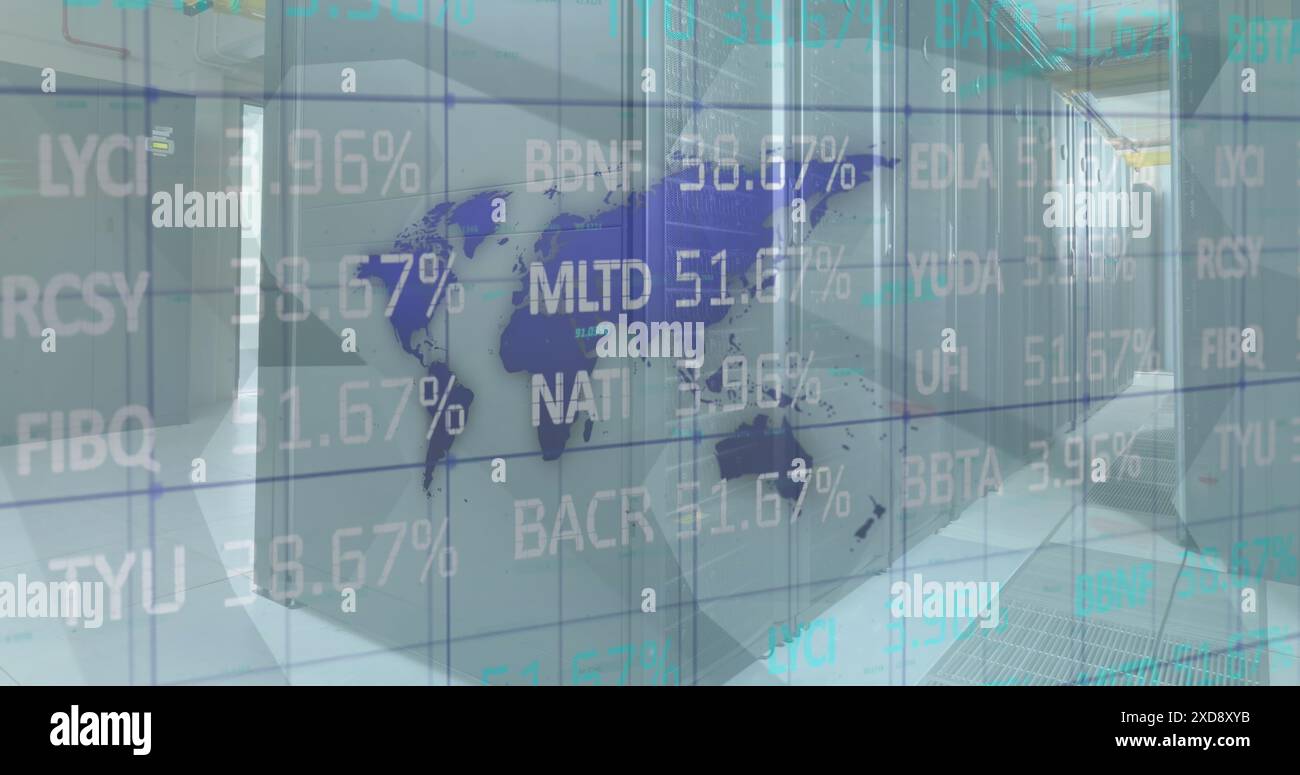 Image of stock market data data processing over world map against computer server room Stock Photo