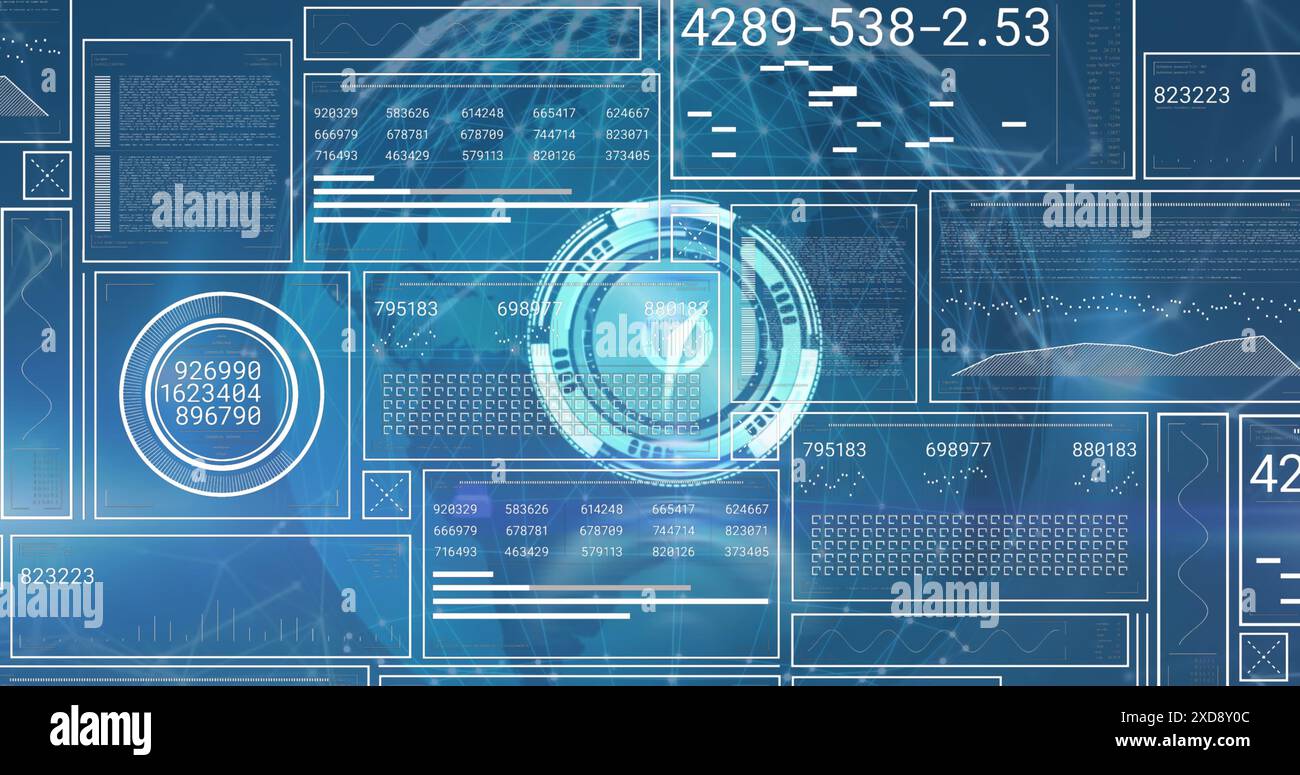 Image of neon ticking clock and interface with data processing against globe on blue background Stock Photo