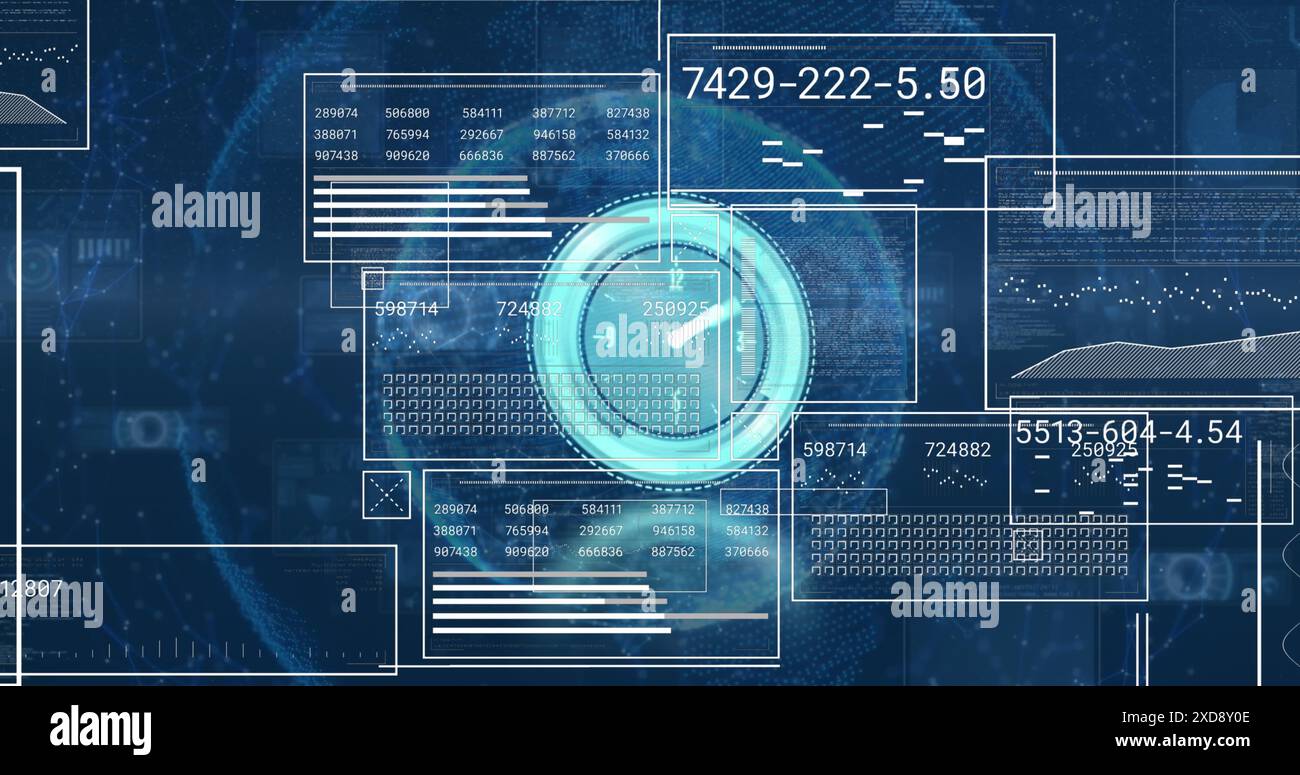 Image neon ticking clock and interfaces with data processing over globe on blue background Stock Photo