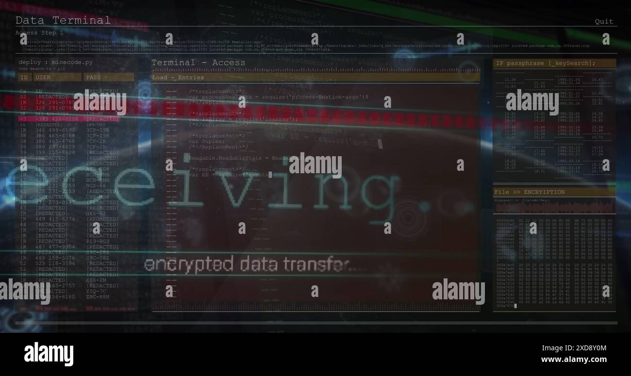 Image of interface with data processing against round scanners over globe Stock Photo