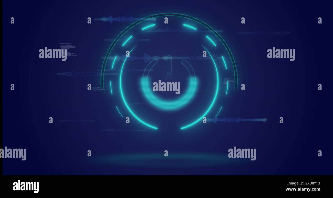 Image of neon round scanner and light trails over data processing on blue background Stock Photo