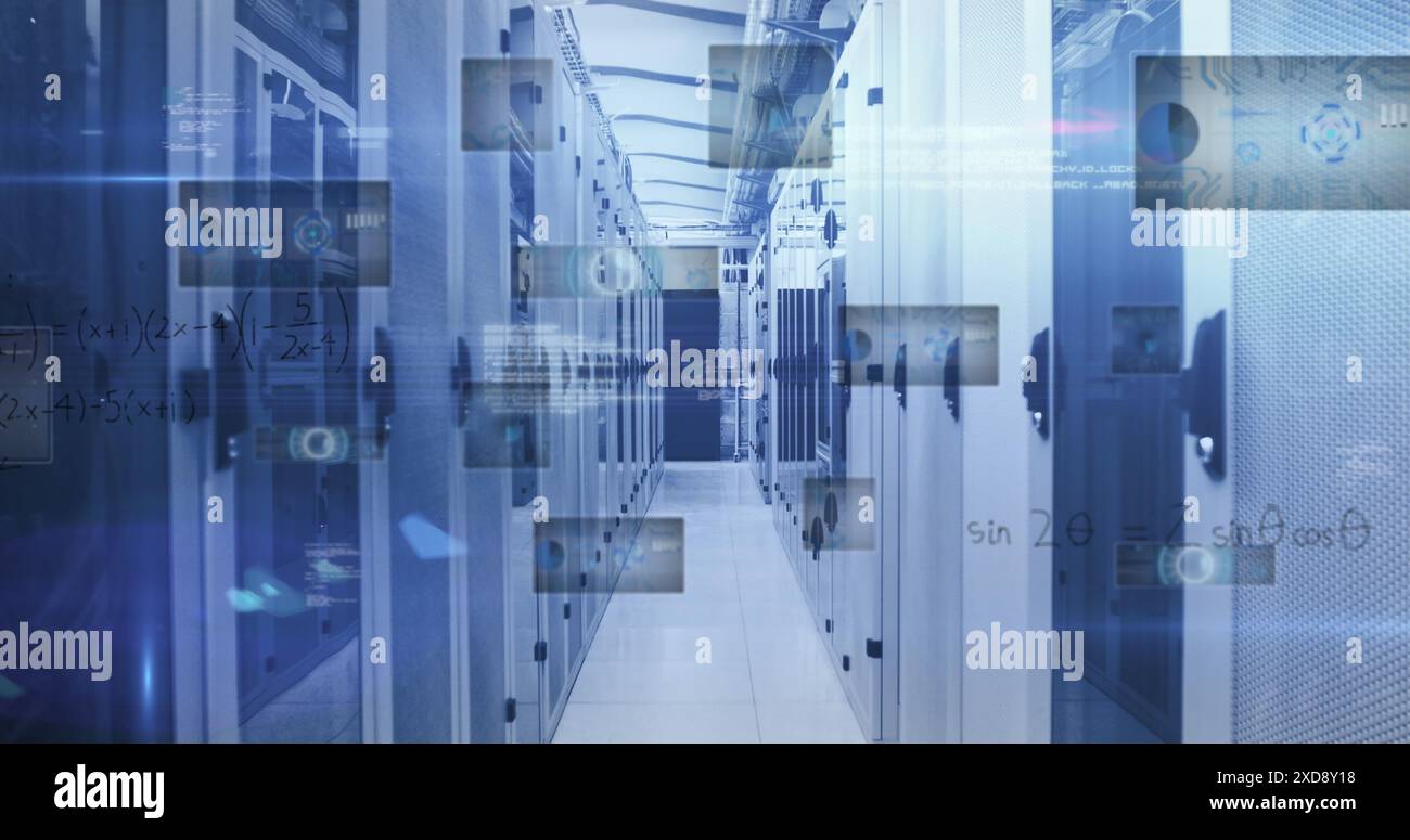 Image of round scanners, data processing and mathematical equations against server room Stock Photo