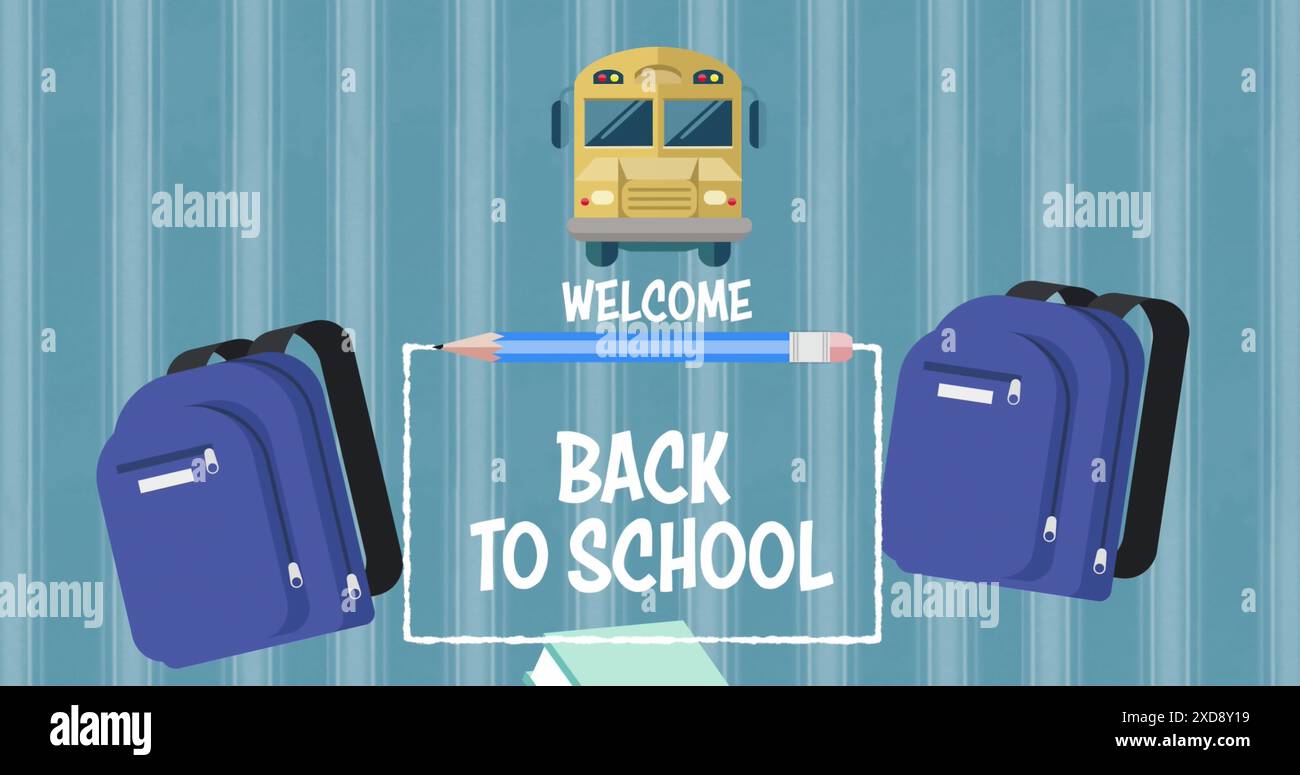 Image of welcome back to school text and school icons falling against blue striped background Stock Photo