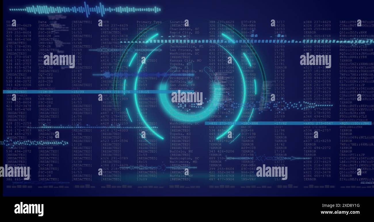 Image of neon round scanner and light trails over data processing on blue background Stock Photo