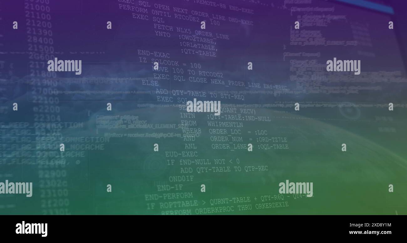 Image of interface with data processing against clouds in the sky Stock Photo