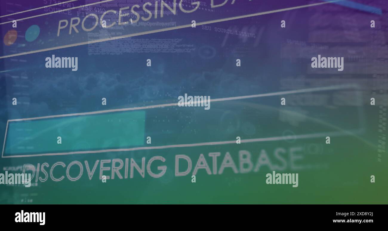 Image of interface with data processing against clouds in the sky Stock Photo