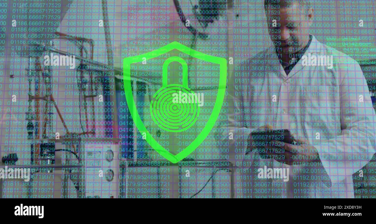 Image of padlock and data processing over caucasian male scientist using tablet Stock Photo