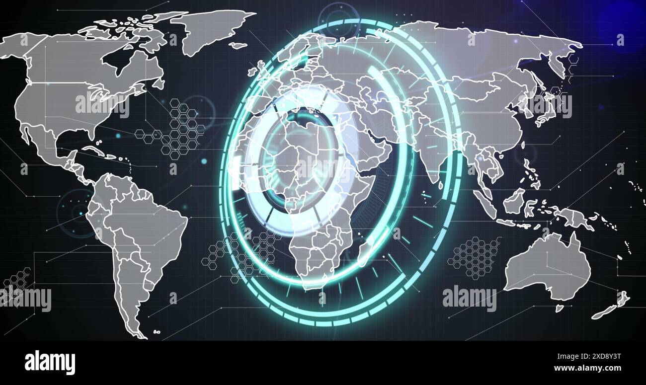 Image of neon round scanner and - Image Of Neon Round Scanner And Network Of Connections Against Light Spot Over World Map 2XD8Y3T 