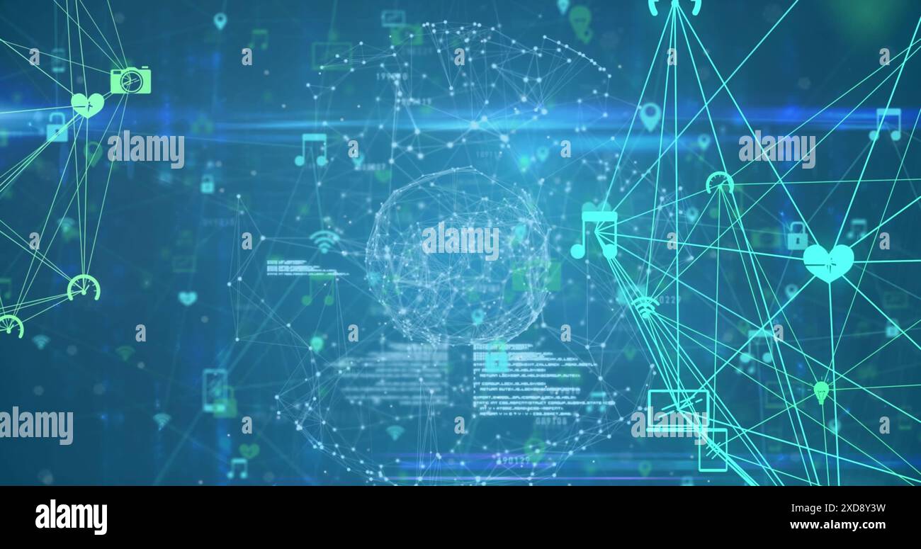 Image of connected icons and dots forming globes against abstract ...