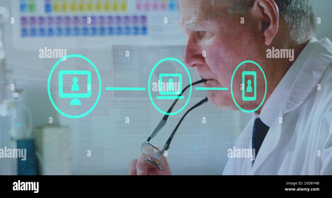 Image of data processing over caucasian male scientist using laptop Stock Photo
