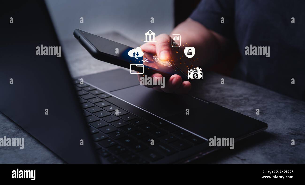 Woman use fingerprint scan for security data protection on smartphone. New technology big data and business process strategy. Automate operation. Stock Photo
