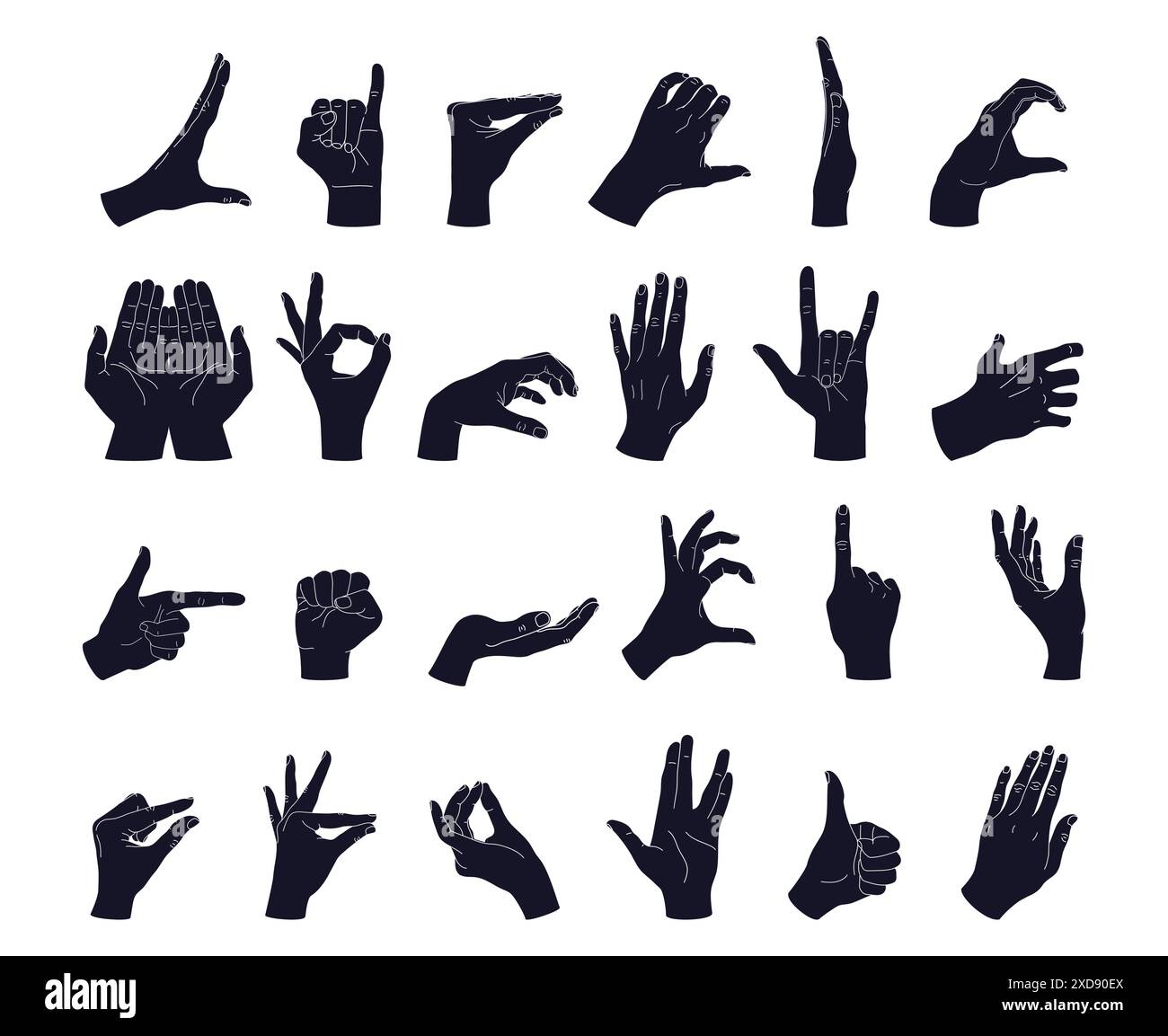 Set of different hand gestures silhouettes. Gesturing like okay sign, thumb up, pointing finger, making heart, holding hands. Vector illustration Stock Vector