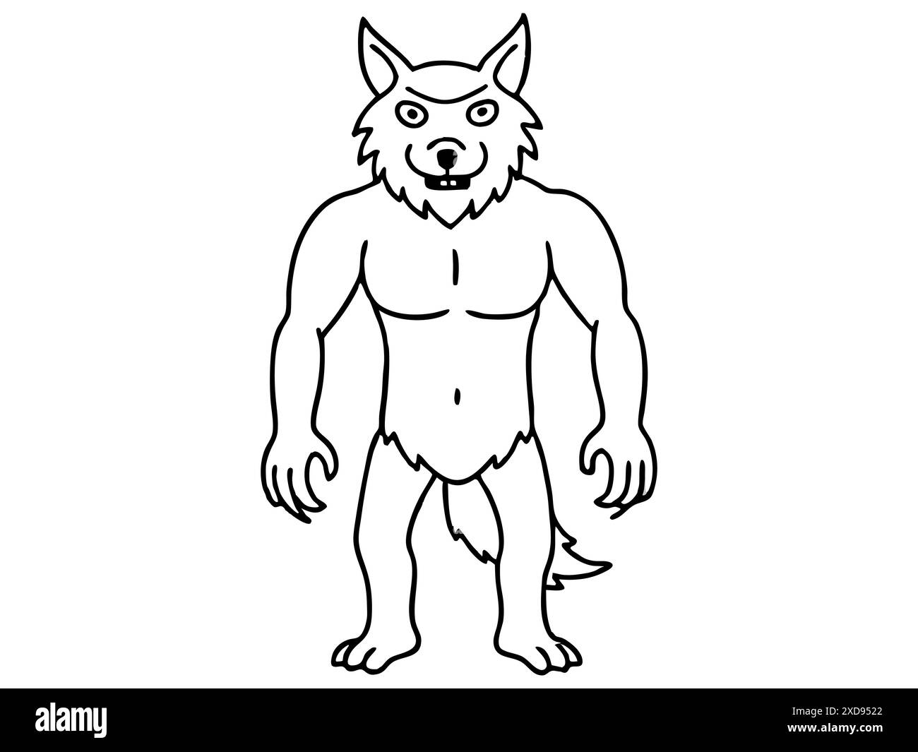 Black outline of cartoon werewolf isolated on a white background. Concept of Halloween character, mythical creature, monster, horror, fantasy, nightma Stock Vector