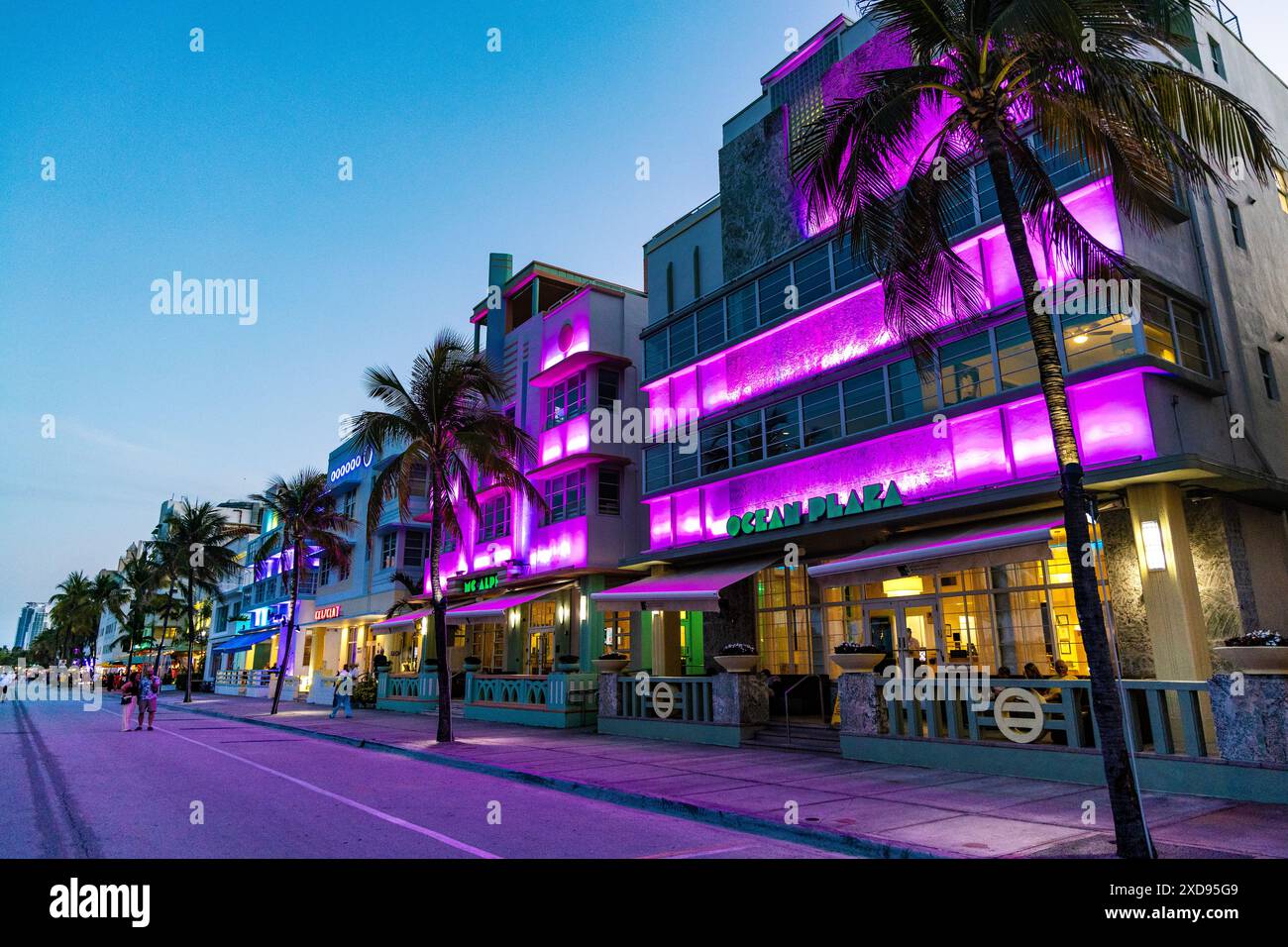 Colourful, illuminated art deco buildings and restaurants along Ocean