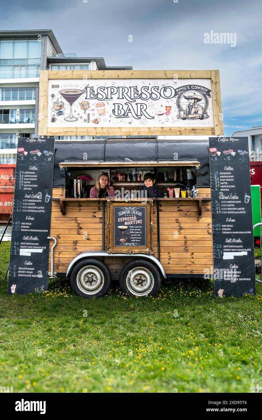 Espresso Bar. A coffee stall at the Cornwall Street Food festival in Newquay in Cornwall in the UK. Stock Photo