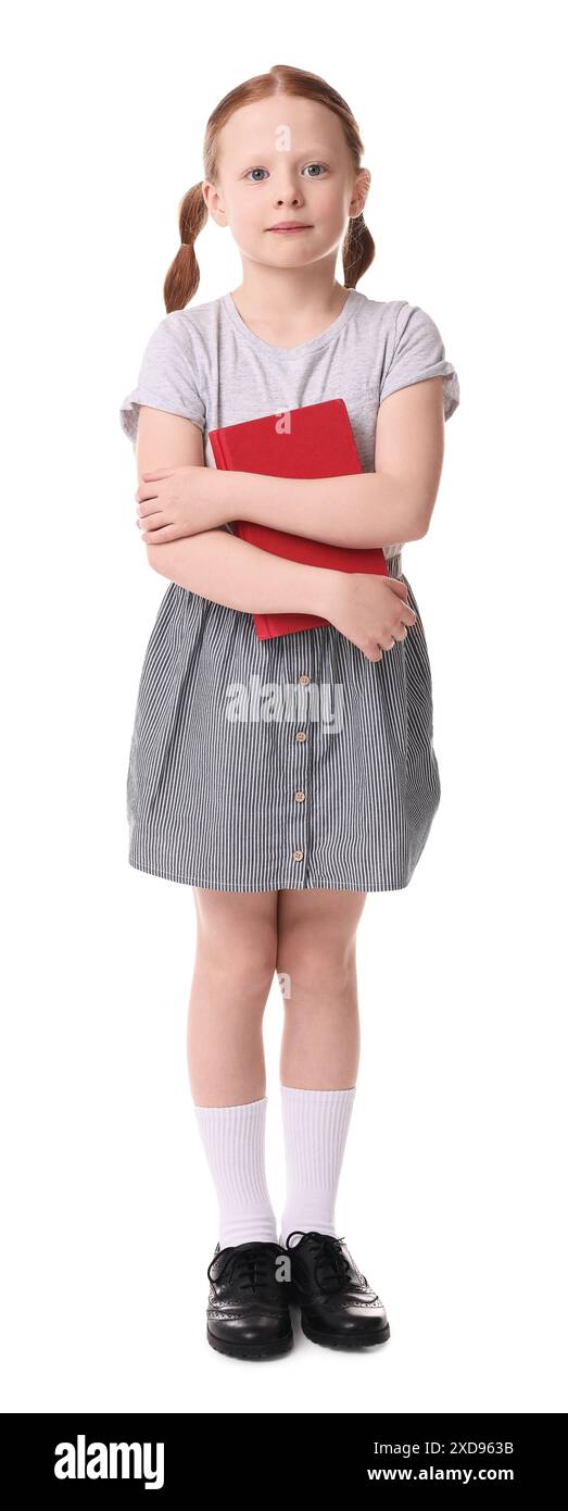 Cute little girl with book on white background Stock Photo - Alamy