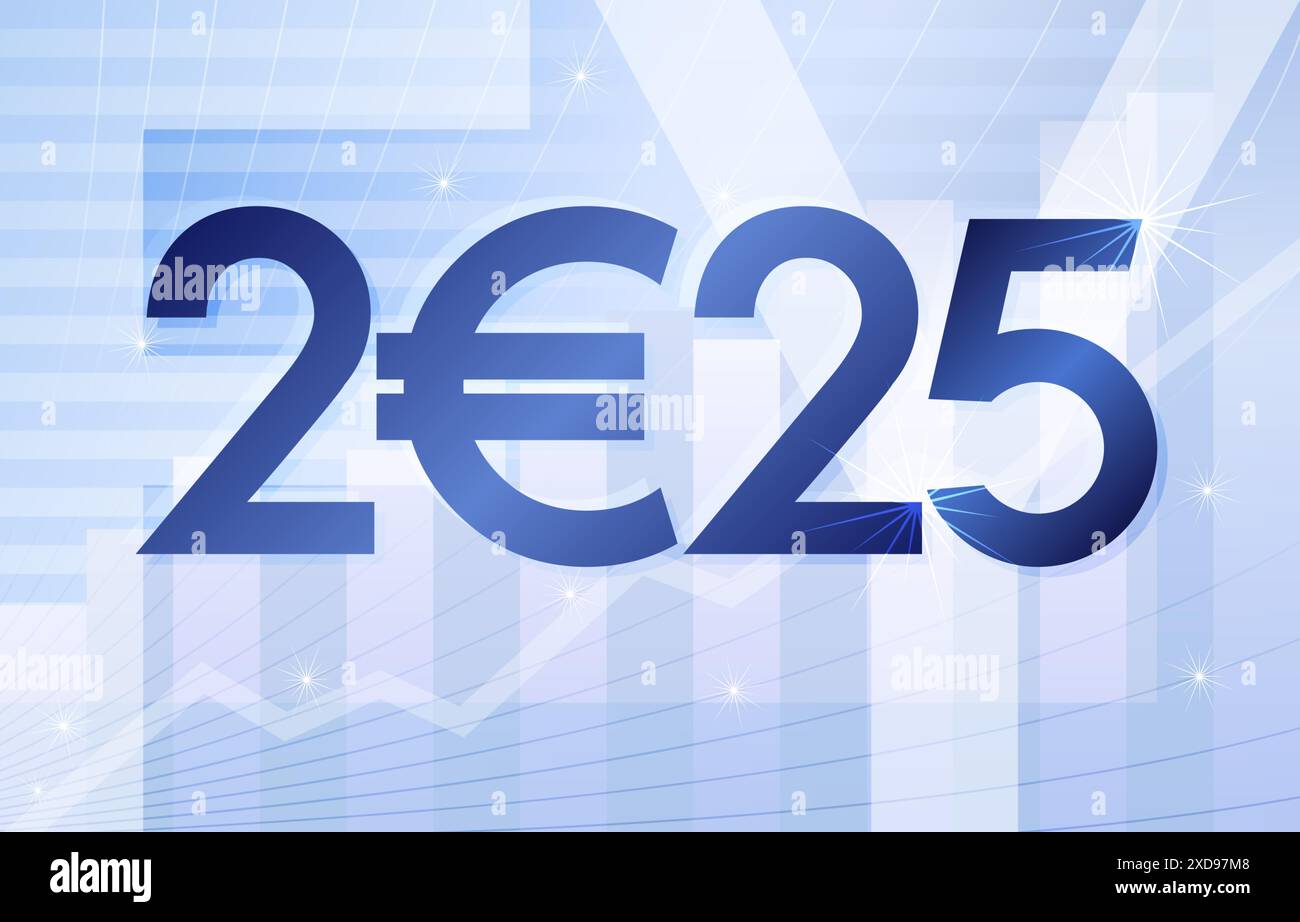 Fyscal Year 2025 business poster. Financial blue backdrop with creative number 2025 with euro