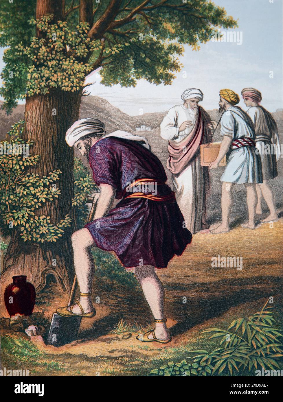 Illustration of the Parable of the Talents in Antique 19th Century Brown's Self-Interpreting Family Bible - A Master Entrusted Servants with his money Stock Photo