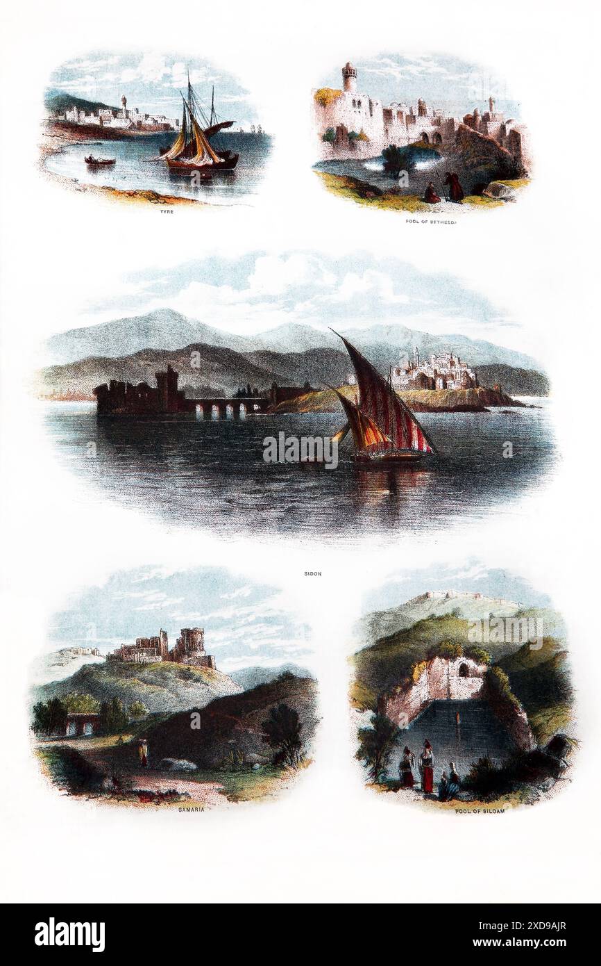 Places where Jesus Christ Visited in Israel and Lebanon in the Gospel of John from Antique 19th Century Self-Interpreting Family Bible Stock Photo