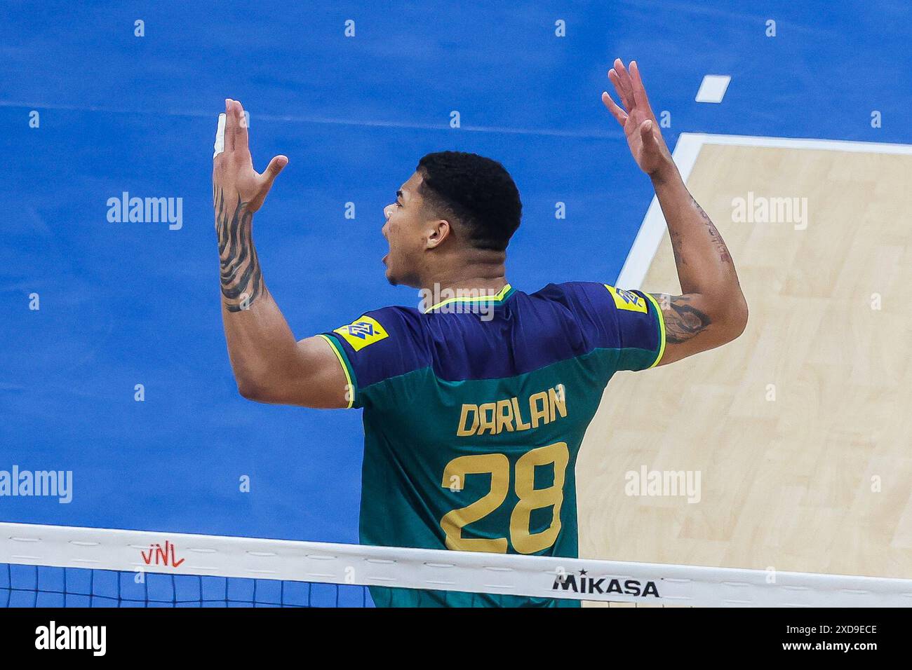 Pasay City, Philippines. 21st June, 2024. Darlan Ferreira Souza of Brazil celebrates after scoring during the match between Canada and Brazil at the Men's Volleyball Nations League (VNL) 2024 in Pasay City, the Philippines, on June 21, 2024. Credit: Rouelle Umali/Xinhua/Alamy Live News Stock Photo