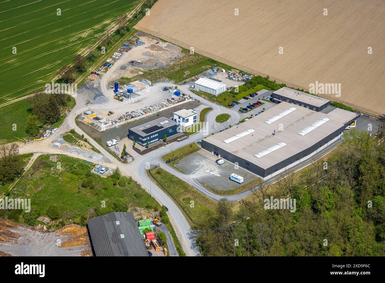 Aerial view, commercial area Stakelbrauk with construction road