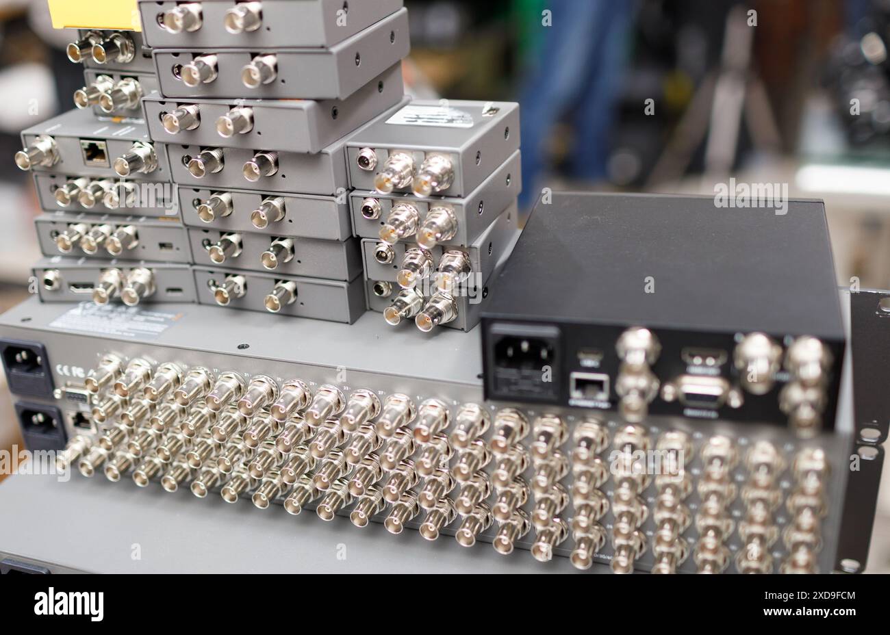 Commutation panel of telecommunication video switcher broadcast for TV channel translation rear view Stock Photo