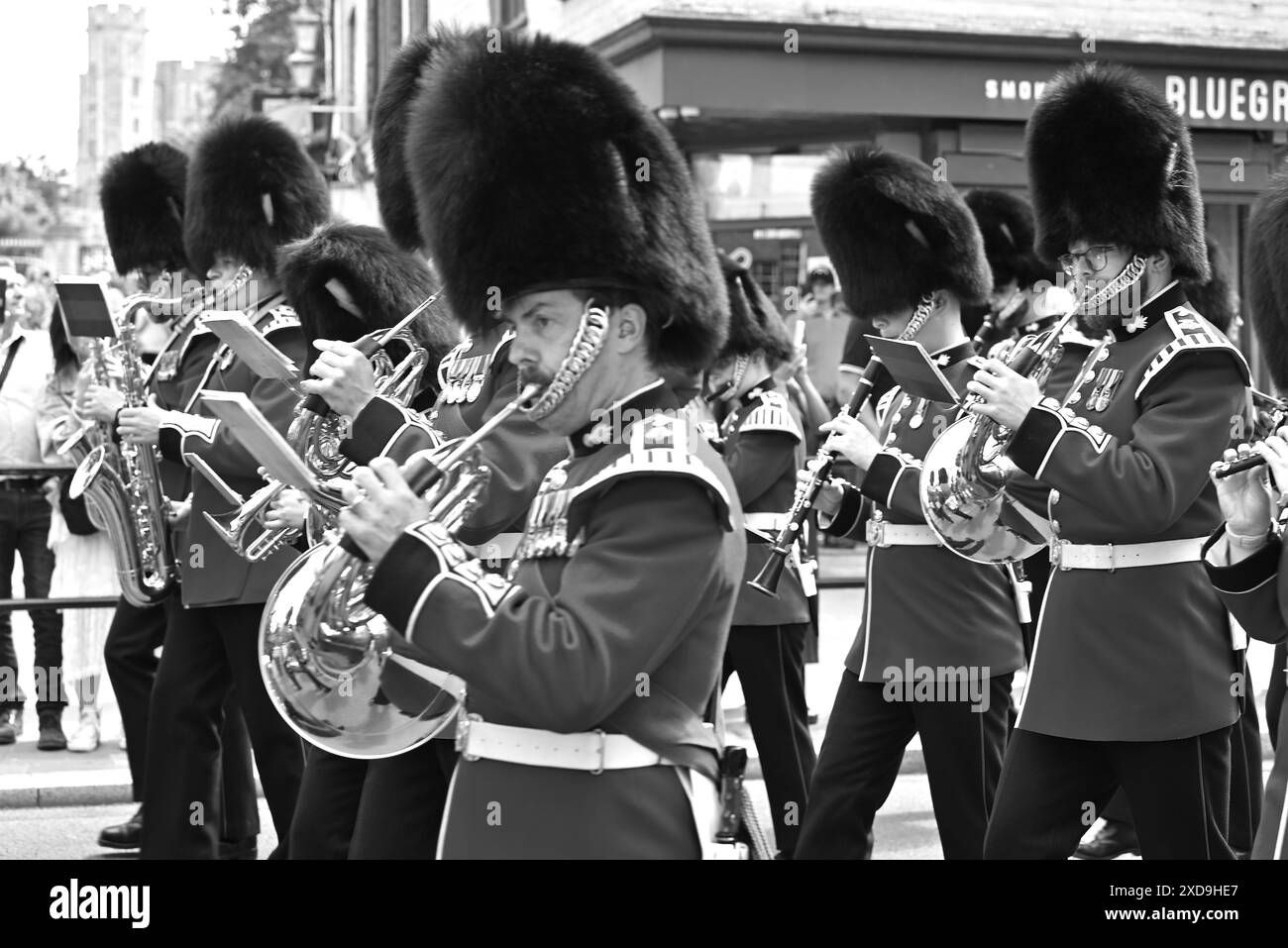 The Changing of 1st Battalion Welsh Guards took place at Windsor on 21 st June 2024 with live music from the Band of the Grenadier Guards .The roads around Windsor Castle where shut down while the ceremony took place ... Stock Photo