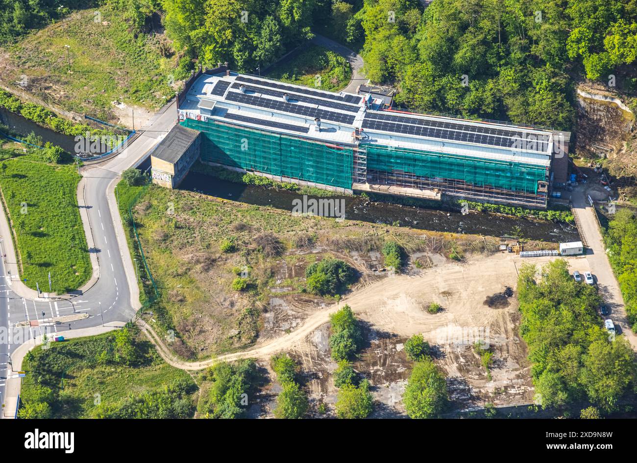 Aerial view, listed old Hagen screw factory on the River Ennepe, conversion into a health campus, Plessenstrasse, Altenhagen, Hagen, Ruhr area, North Stock Photo