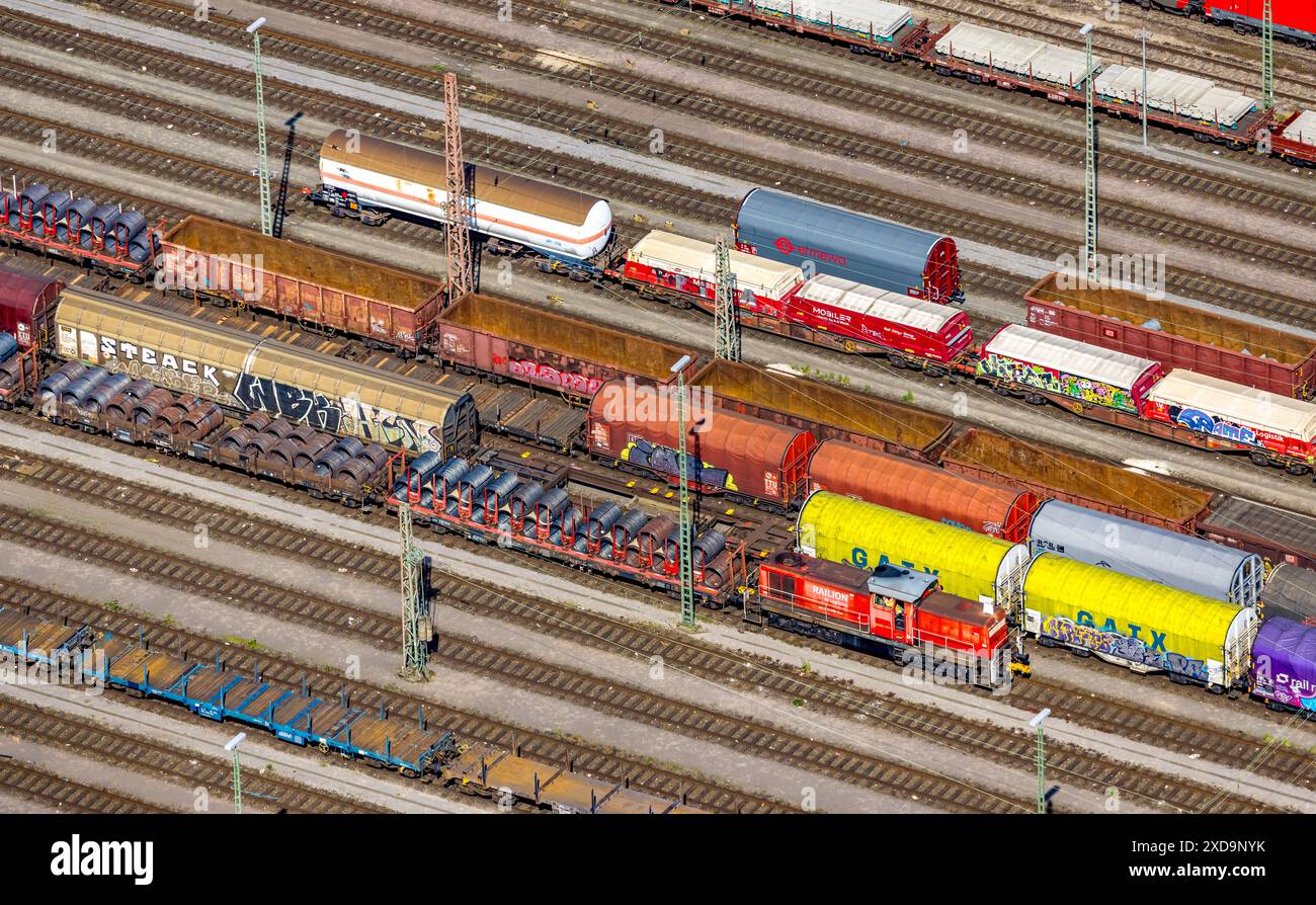 Freight Train Shape Aerial view, freight wagons and freight trains at the Hagen-Vorhalle ...