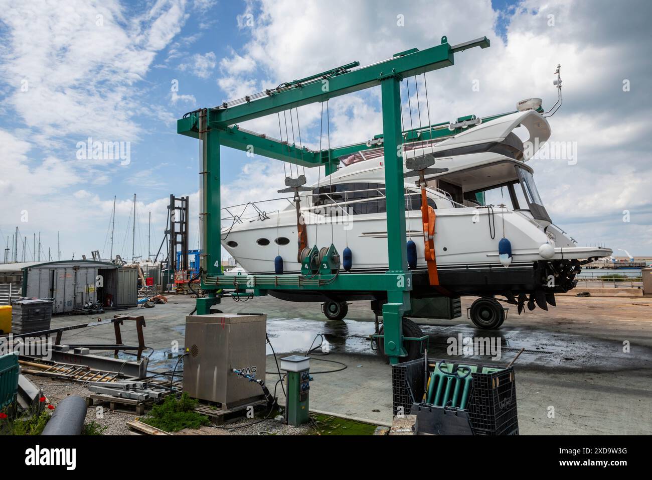 Dry dock with motor yacht on a lift, Portland, Dorset, UK 2024 Stock Photo