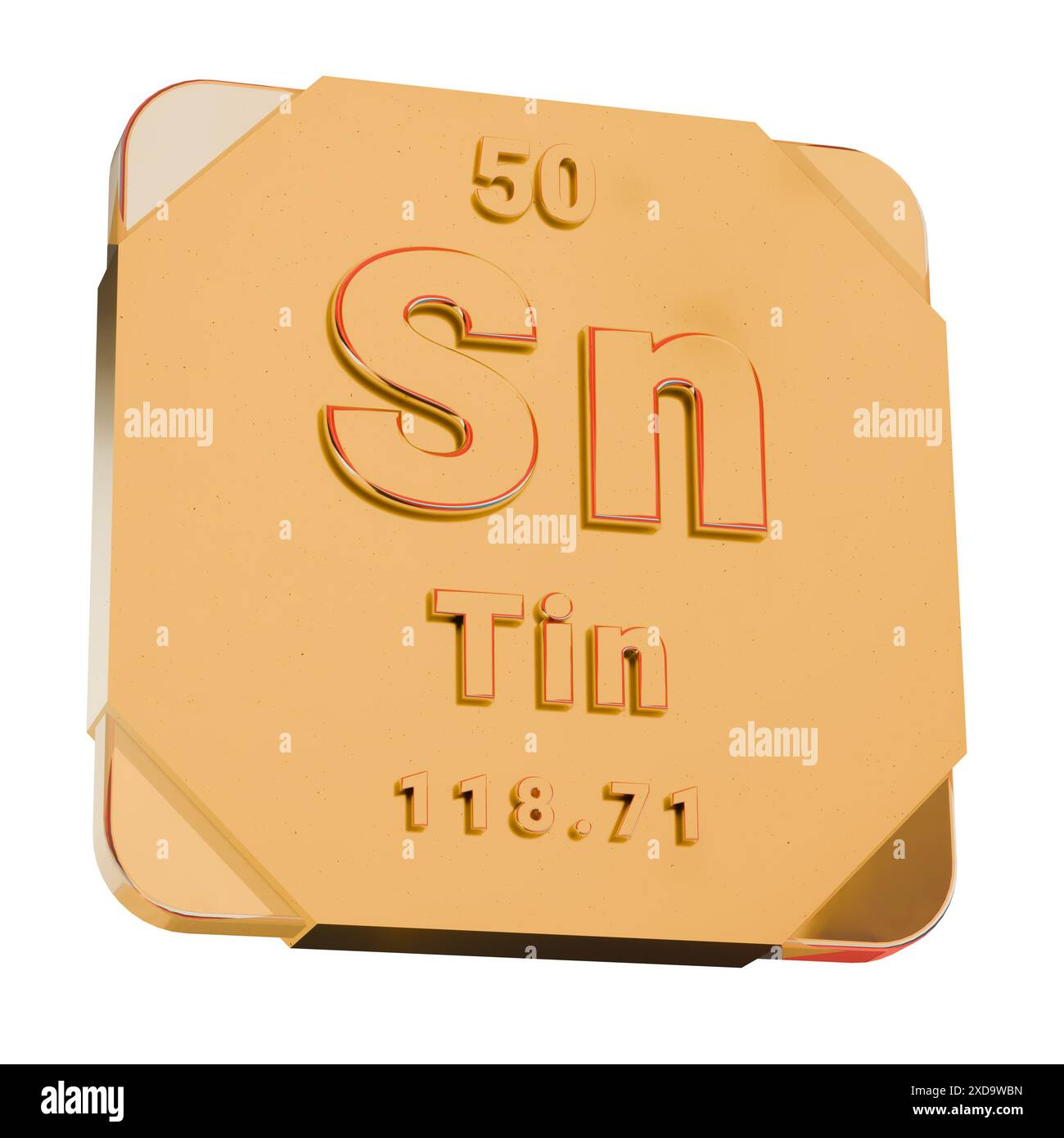 3D Golden Icon - Tin (Sn) Element from Periodic Table Stock Photo