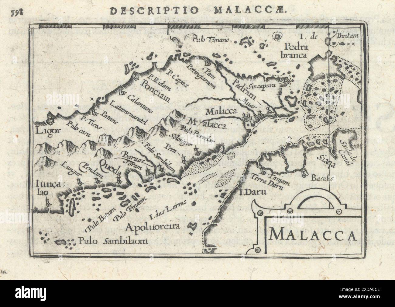 Malacca by Bertius/Langenes. Malay Peninsula, Singapore, Malacca Strait 1603 map Stock Photo