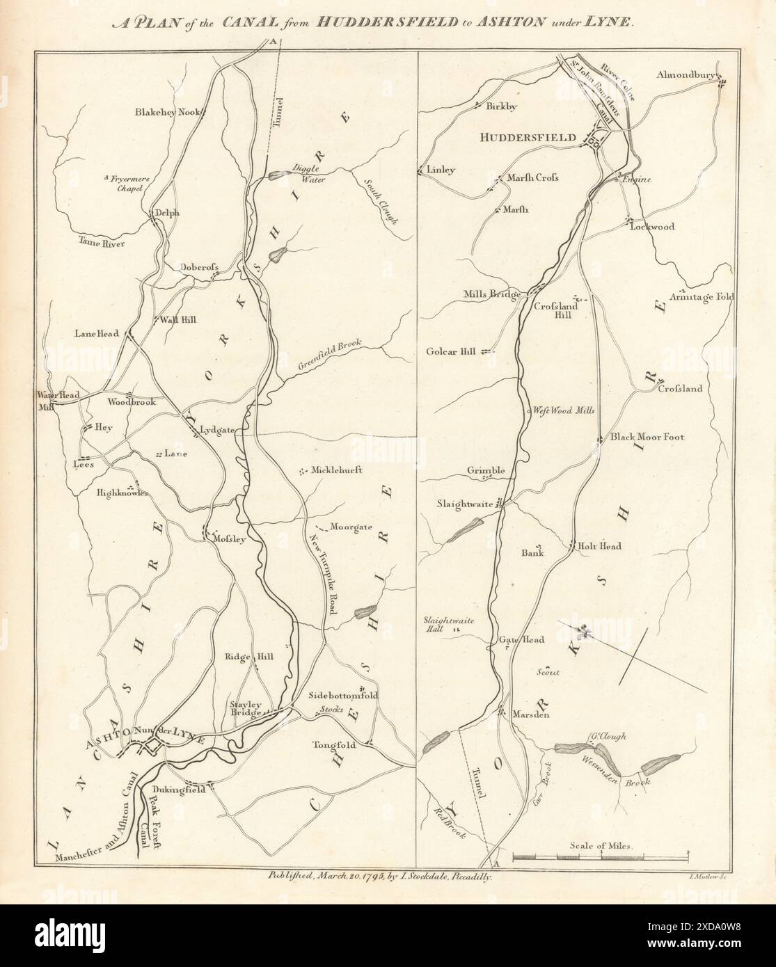 Huddersfield Narrow Canal to Ashton under Lyne. STOCKDALE 1795 old antique map Stock Photo